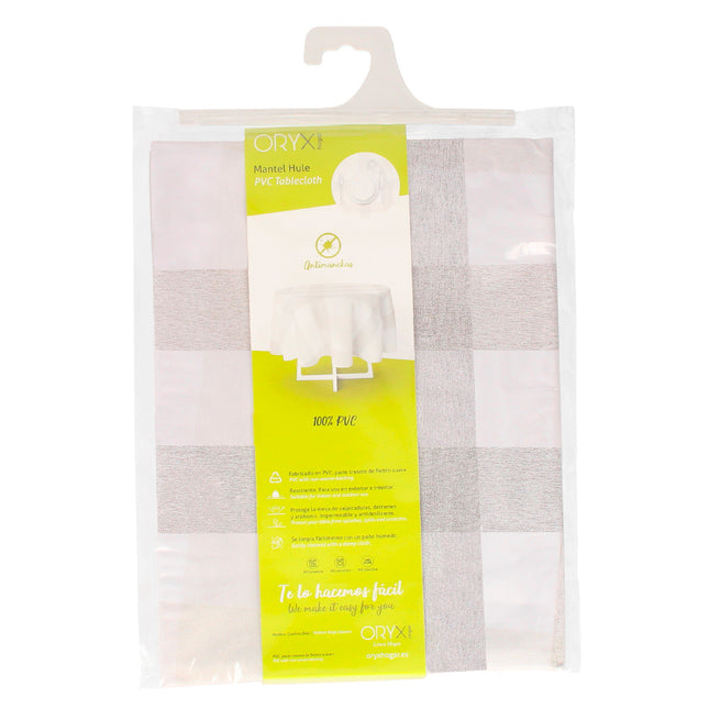 Mantel hule redondo cuadros beige impermeable antimanchas PVC ø 140 cm. uso interior y exterior