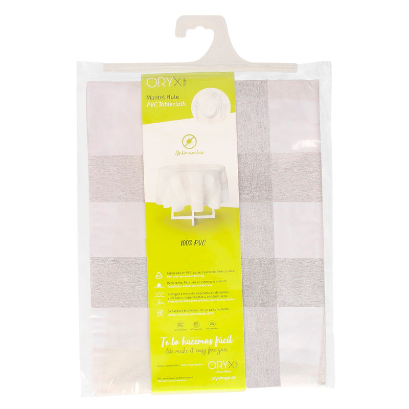 Mantel hule redondo cuadros beige impermeable antimanchas PVC ø 140 cm. uso interior y exterior