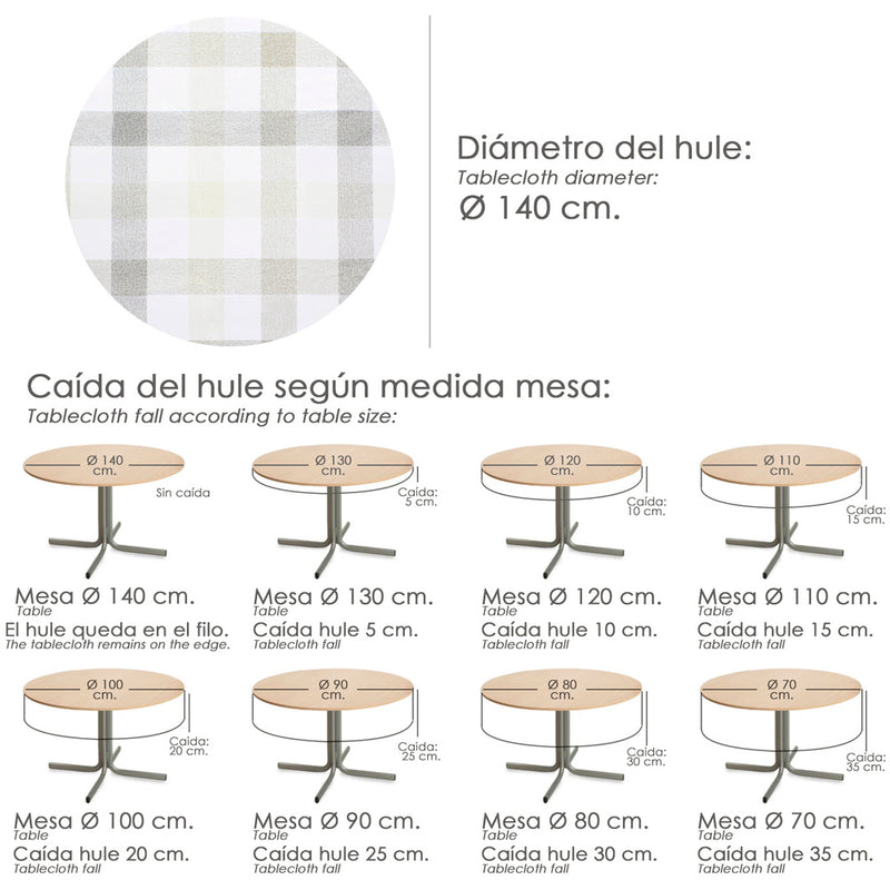 Mantel hule redondo cuadros beige impermeable antimanchas PVC ø 140 cm. uso interior y exterior