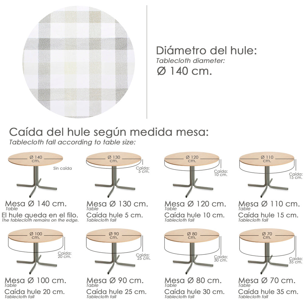 Round beige checkered PVC oilcloth tablecloth, waterproof and stain-resistant, Ø 140 cm, for indoor and outdoor use