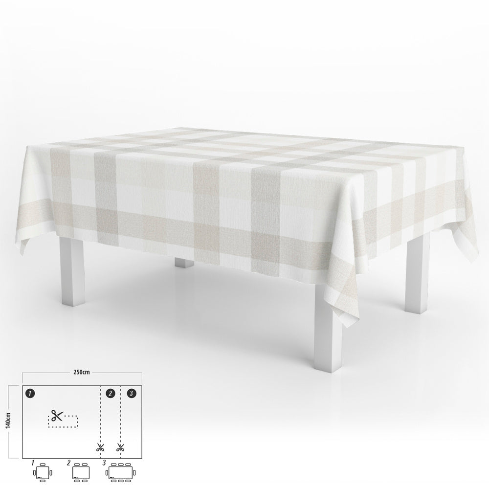 Rectangular PVC Oilcloth Tablecloth Beige Gingham Waterproof Stain-resistant 140x250 cm Trimmable for Indoor and Outdoor Use