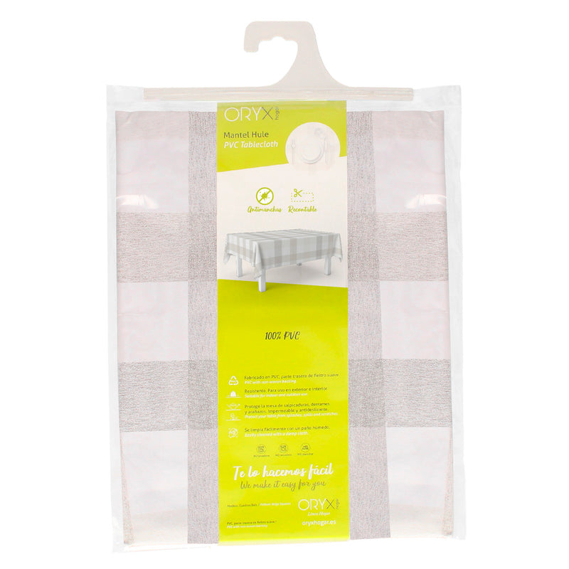 Mantel hule rectangular cuadros beige impermeable antimanchas PVC 140x250 cm.  recortable uso interior y exterior