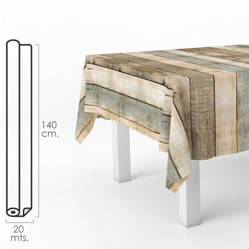 Mantel hule rectangular tablones madera. impermeable antimanchas PVC 140 cm. x 20 metros. rollo recortable. interior y exterior