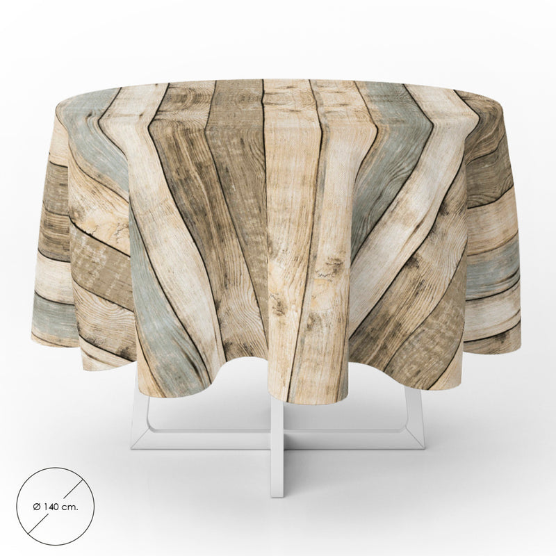 Mantel hule redondo tablones madera impermeable antimanchas PVC ø 140 cm. uso interior y exterior