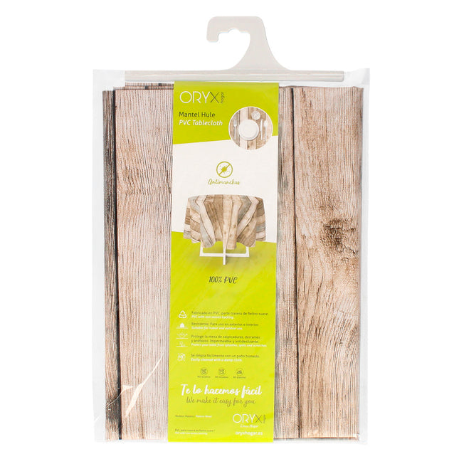 Mantel hule redondo tablones madera impermeable antimanchas PVC ø 140 cm. uso interior y exterior