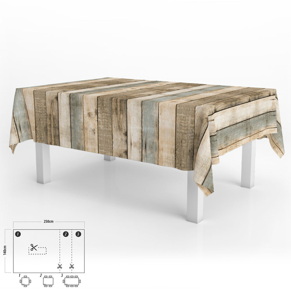Rectangular PVC Wipeable Tablecloth with Wood Plank Design, Waterproof, Stain-Resistant, 140 x 250 cm, Cut-to-Size, Indoor and Outdoor Use