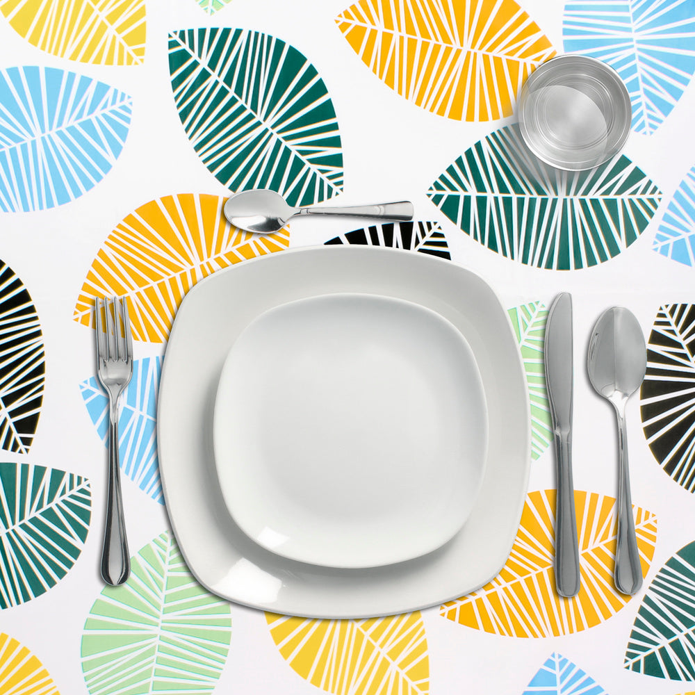 Rectangular oilcloth tablecloth with colorful leaves. Waterproof and stain-resistant PVC, 140 cm x 20 meters. Cuttable roll. Indoor and outdoor use.
