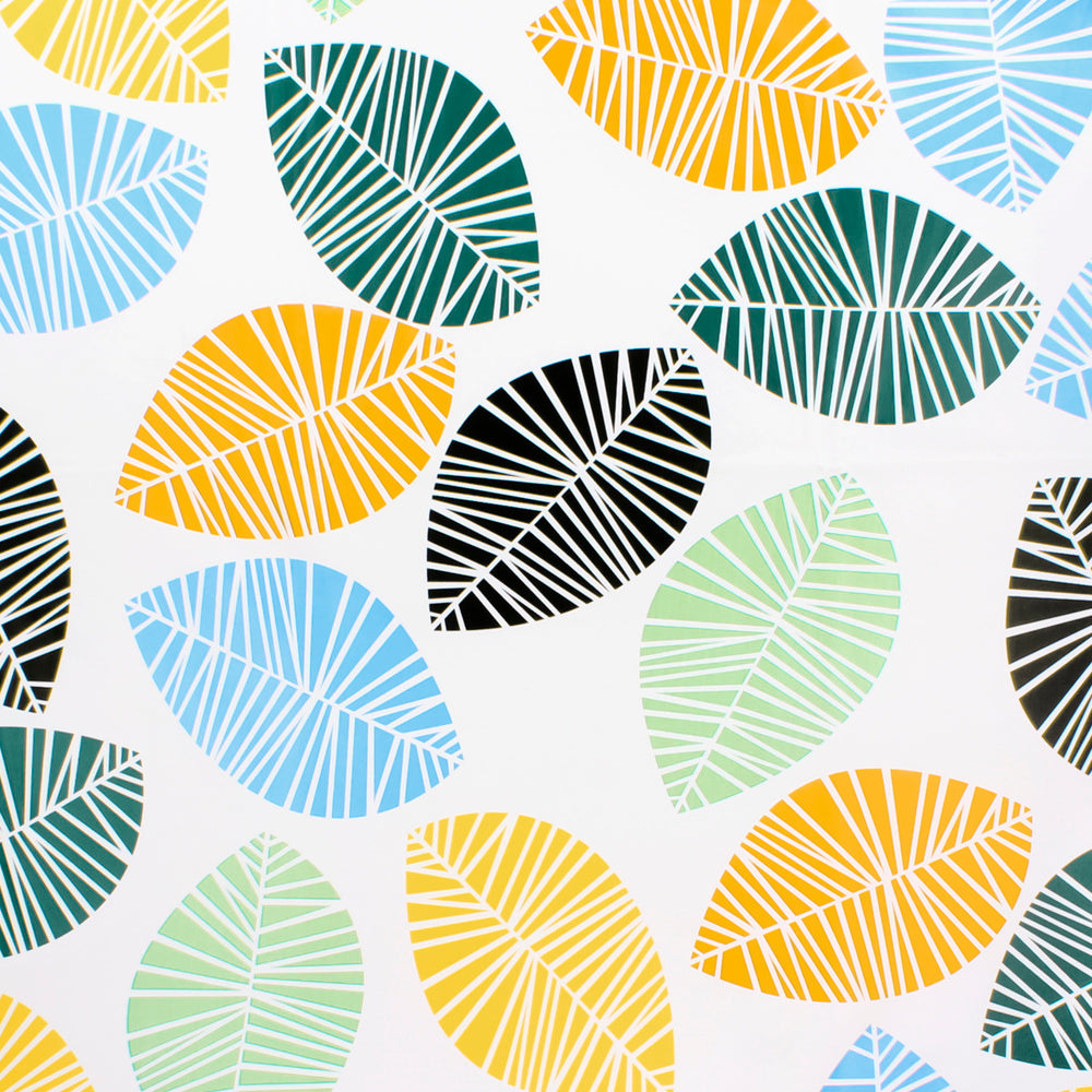 Rectangular oilcloth tablecloth with colorful leaves. Waterproof and stain-resistant PVC, 140 cm x 20 meters. Cuttable roll. Indoor and outdoor use.