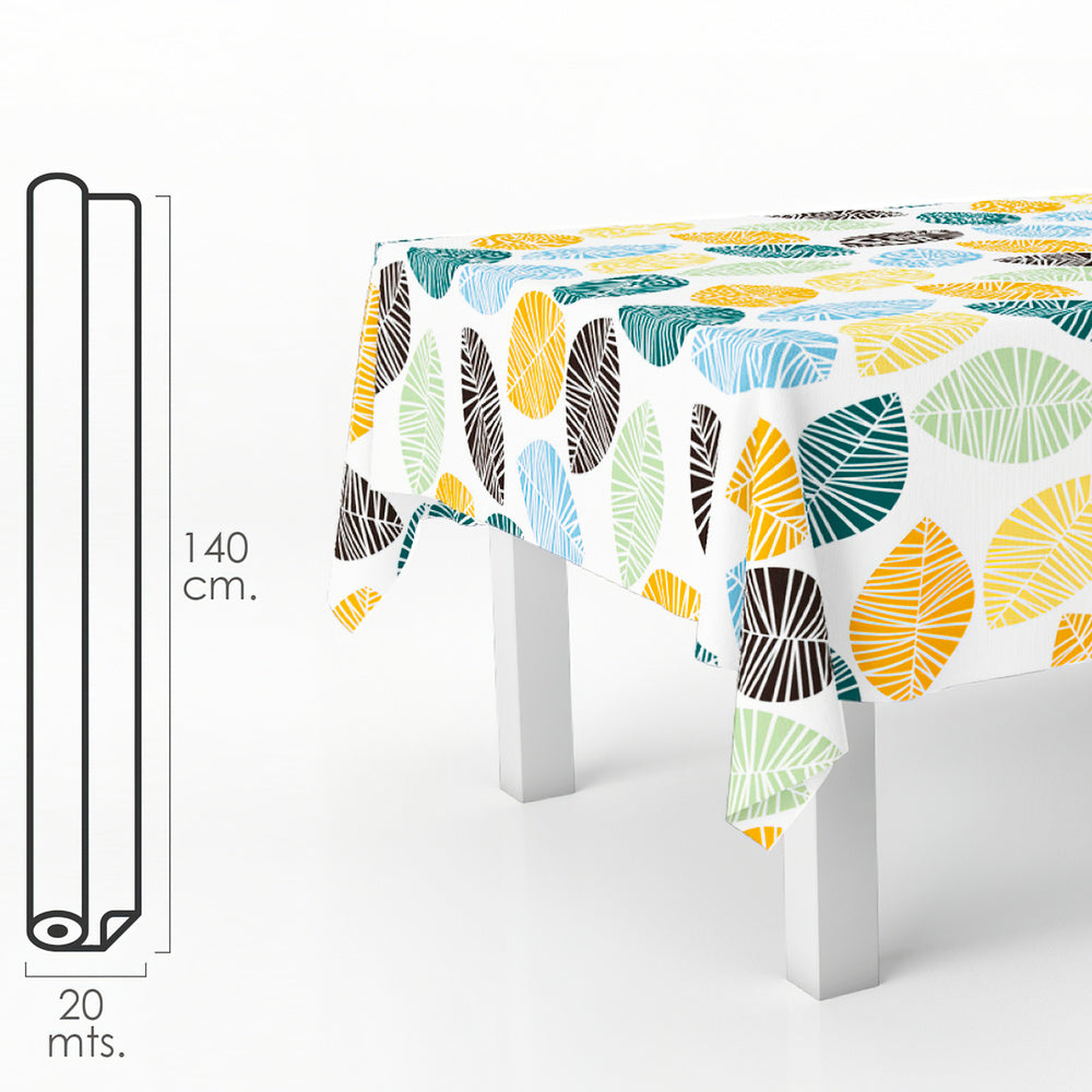 Rectangular oilcloth tablecloth with colorful leaves. Waterproof and stain-resistant PVC, 140 cm x 20 meters. Cuttable roll. Indoor and outdoor use.