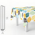 Rectangular oilcloth tablecloth with colorful leaves. Waterproof and stain-resistant PVC, 140 cm x 20 meters. Cuttable roll. Indoor and outdoor use.