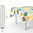 Rectangular oilcloth tablecloth with colorful leaves. Waterproof and stain-resistant PVC, 140 cm x 20 meters. Cuttable roll. Indoor and outdoor use.