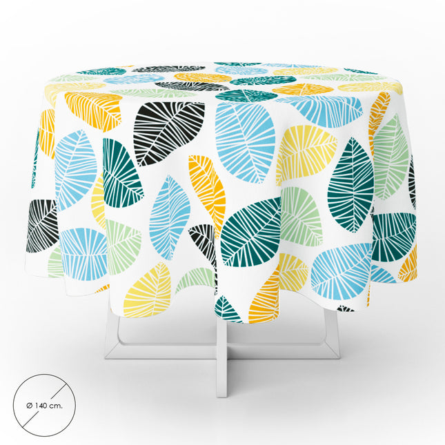Mantel hule redondo hojas colores impermeable antimanchas PVC ø 140 cm. uso interior y exterior