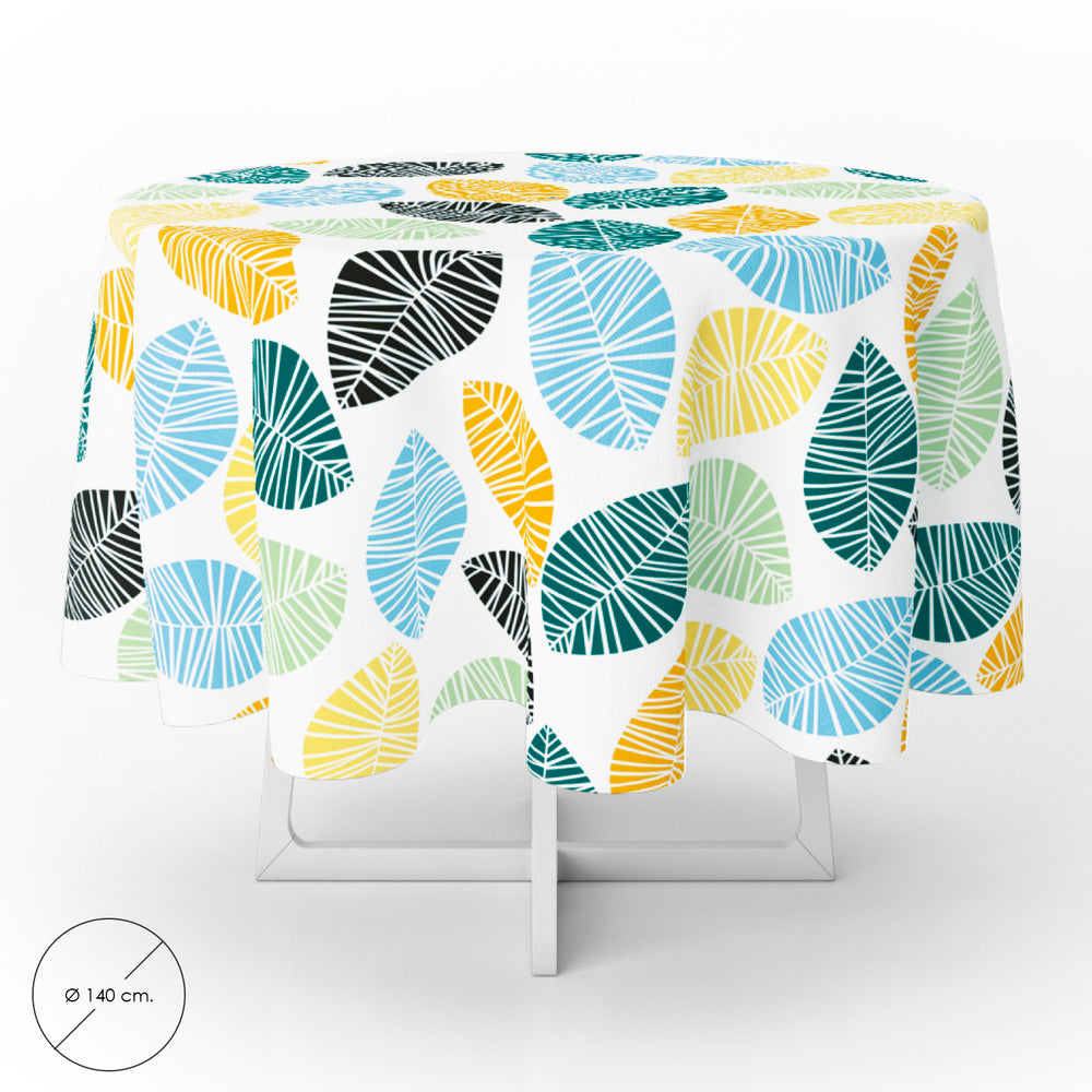 Round oilcloth tablecloth with colorful leaves, waterproof, stain-resistant PVC, 140 cm diameter, indoor and outdoor use