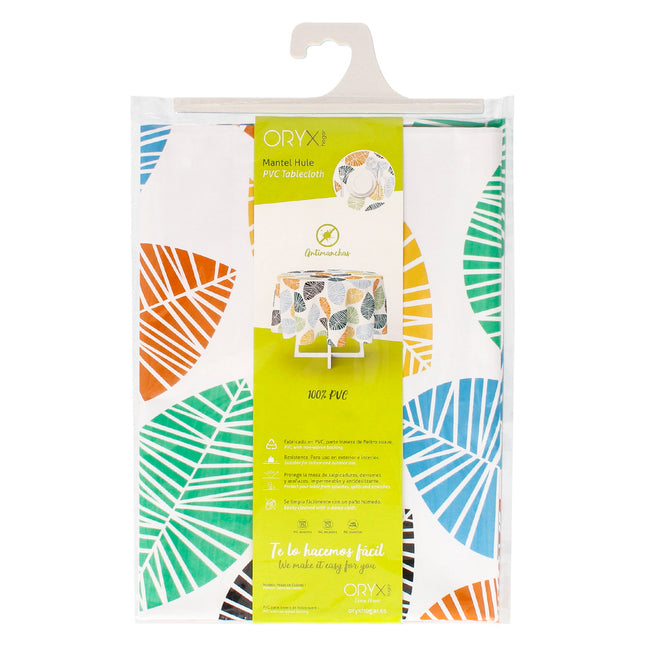 Mantel hule redondo hojas colores impermeable antimanchas PVC ø 140 cm. uso interior y exterior