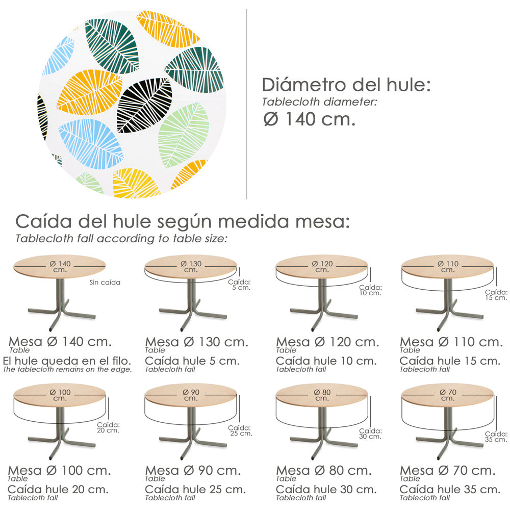 Round oilcloth tablecloth with colorful leaves, waterproof, stain-resistant PVC, 140 cm diameter, indoor and outdoor use