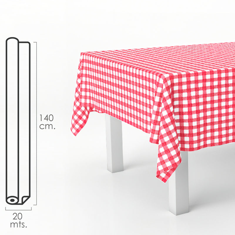 Mantel hule rectangular cuadros rojos. impermeable antimanchas PVC 140 cm. x 20 metros. rollo recortable. interior y exterior
