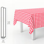 Red plaid rectangular oilcloth. Waterproof, stain-resistant PVC 140 cm x 20 meters. Cuttable roll. Indoor and outdoor use.