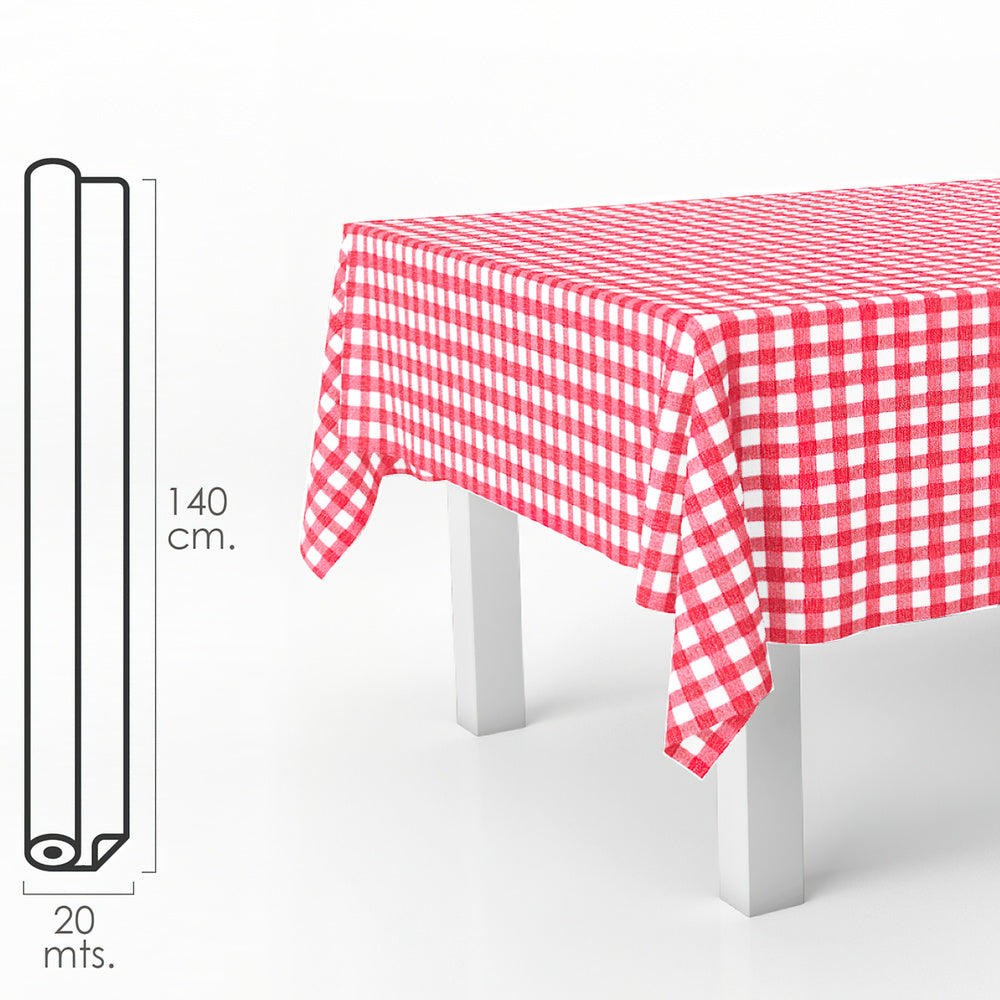 Red plaid rectangular oilcloth. Waterproof, stain-resistant PVC 140 cm x 20 meters. Cuttable roll. Indoor and outdoor use.