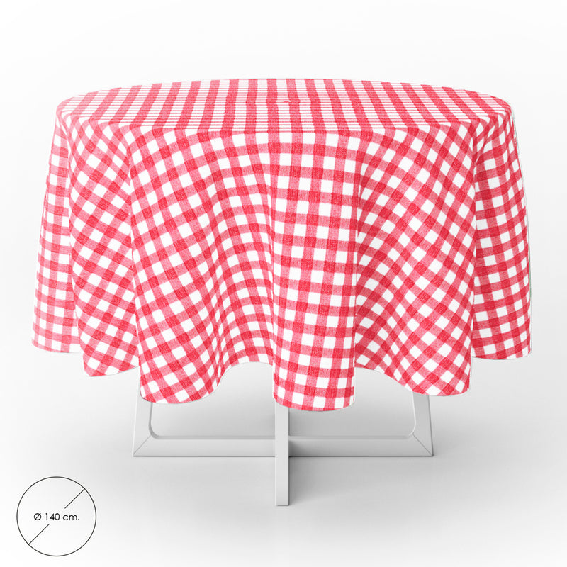 Mantel hule redondo cuadros rojos impermeable antimanchas PVC ø140 cm. uso interior y exterior
