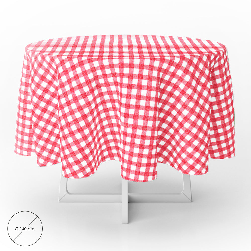 Round red checkered oilcloth tablecloth, waterproof, stain-resistant PVC, ø140 cm, for indoor and outdoor use