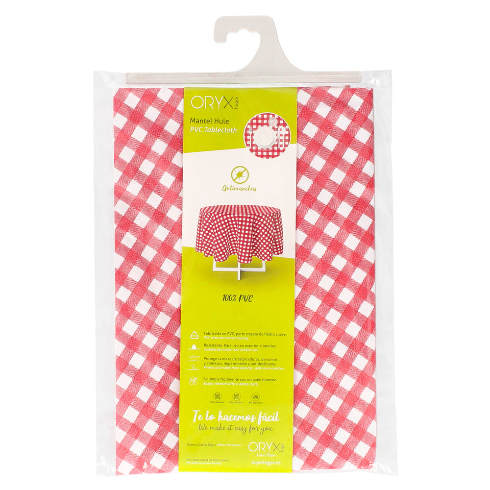 Round red checkered oilcloth tablecloth, waterproof, stain-resistant PVC, ø140 cm, for indoor and outdoor use
