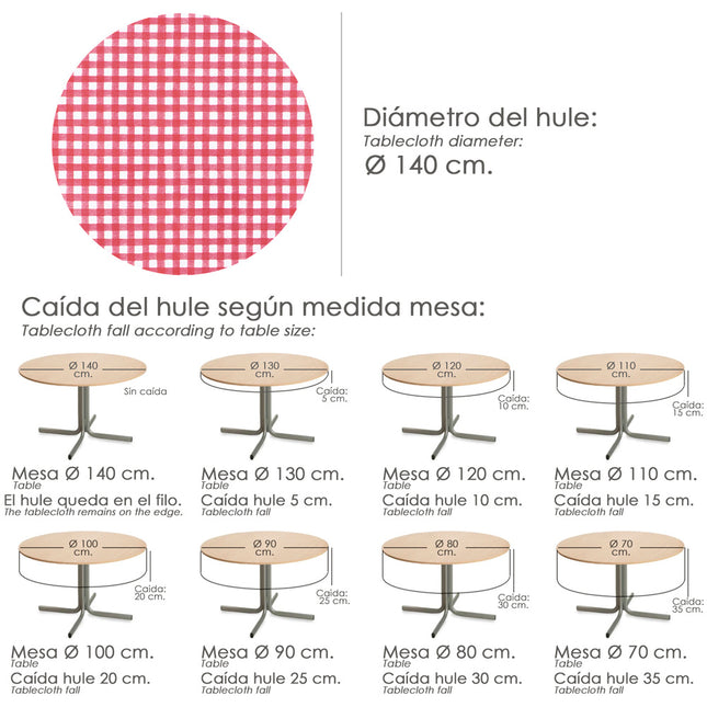 Mantel hule redondo cuadros rojos impermeable antimanchas PVC ø140 cm. uso interior y exterior