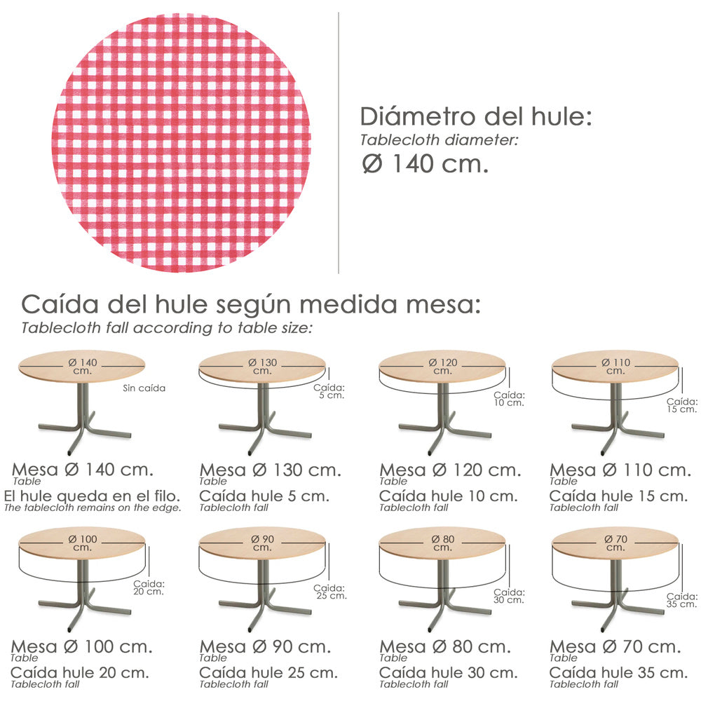 Round red checkered oilcloth tablecloth, waterproof, stain-resistant PVC, ø140 cm, for indoor and outdoor use