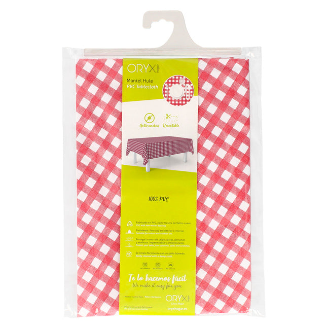 Mantel hule rectangular cuadros rojos impermeable antimanchas PVC 140x250 cm.  recortable uso interior y exterior
