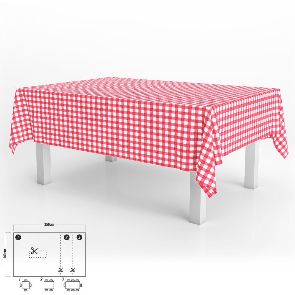 Rectangular Red Gingham Oilcloth Tablecloth - Waterproof, Stain-Resistant PVC, 140x250 cm, Cut-to-Size, Indoor/Outdoor Use