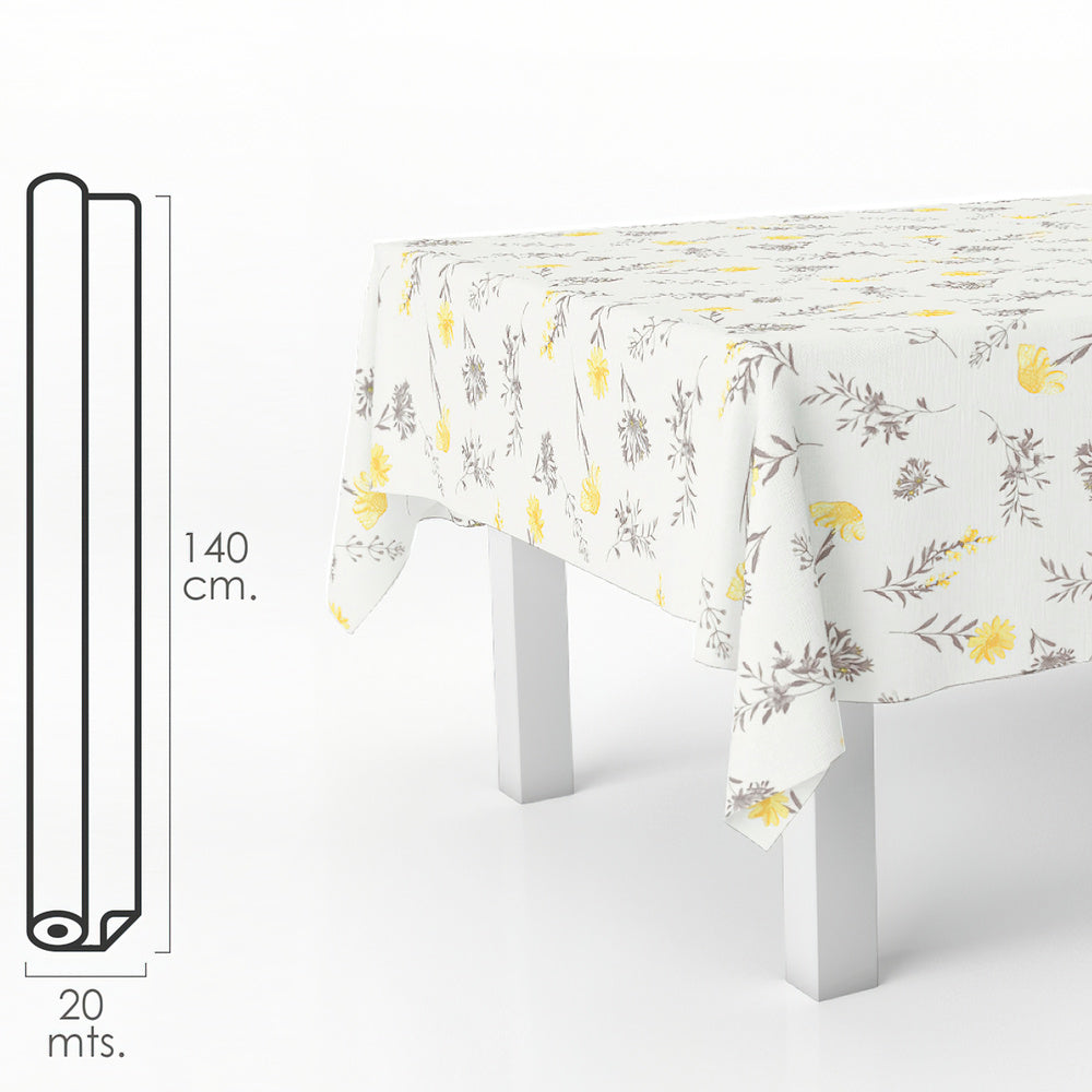Rectangular oilcloth tablecloth with yellow flowers. Waterproof, stain-resistant PVC 140 cm x 20 meters. Cuttable roll. Indoor and outdoor use.