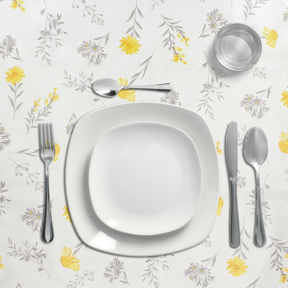 Rectangular oilcloth tablecloth with yellow flowers. Waterproof, stain-resistant PVC 140 cm x 20 meters. Cuttable roll. Indoor and outdoor use.
