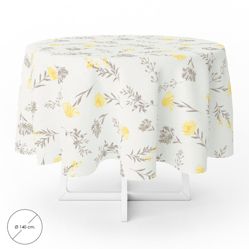 Mantel hule redondo flores amarillas impermeable antimanchas PVC ø140 cm. uso interior y exterior