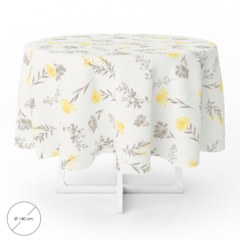 Round oilcloth tablecloth with yellow flowers, waterproof, stain-resistant PVC, ø140 cm, indoor and outdoor use