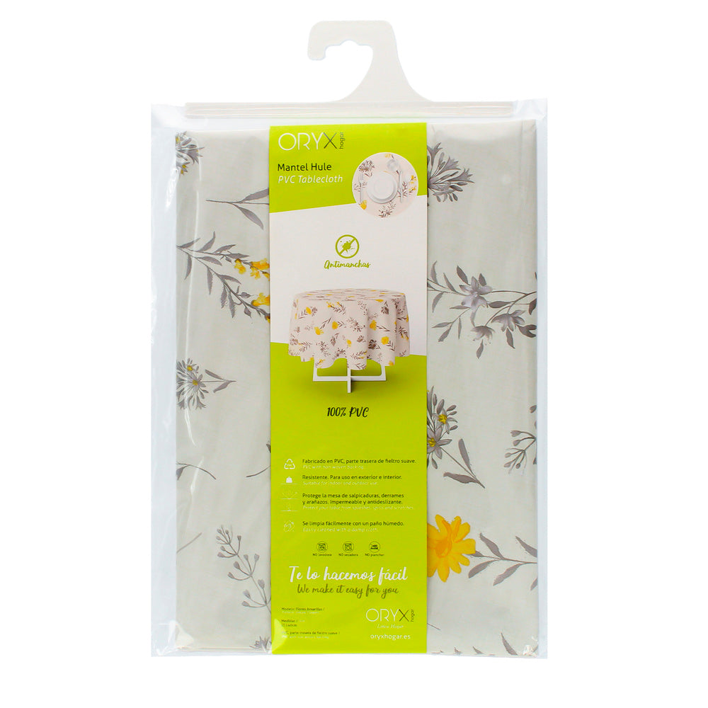 Round oilcloth tablecloth with yellow flowers, waterproof, stain-resistant PVC, ø140 cm, indoor and outdoor use