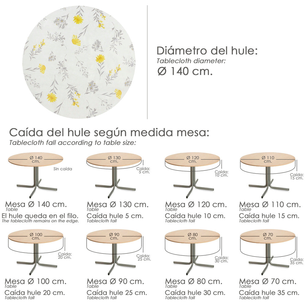 Round oilcloth tablecloth with yellow flowers, waterproof, stain-resistant PVC, ø140 cm, indoor and outdoor use
