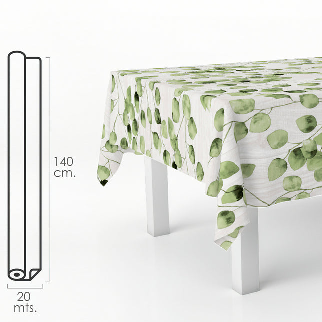 Mantel hule rectangular hojas verdes. impermeable antimanchas PVC 140 cm. x 20 metros. rollo recortable. interior y exterior