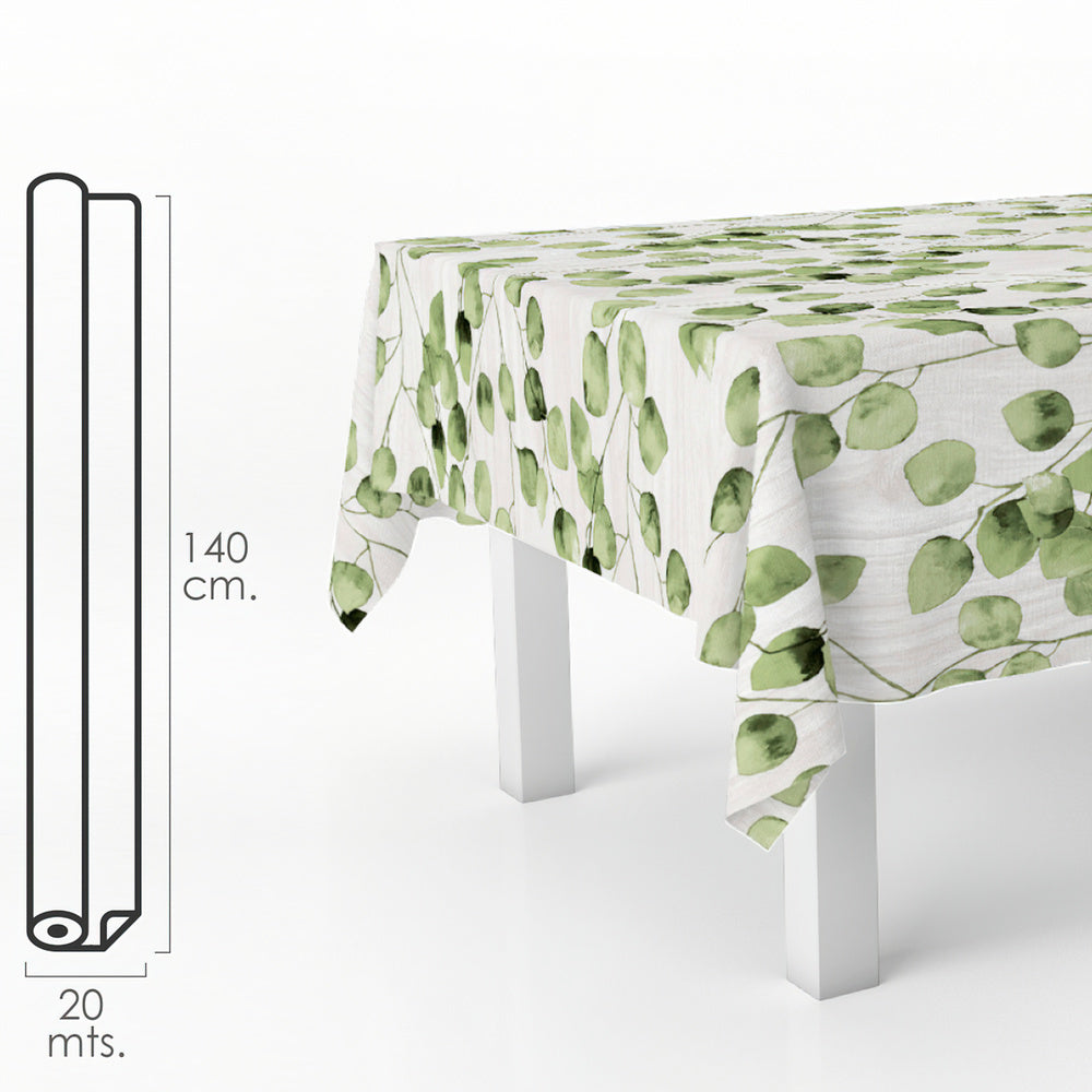 Green leaf rectangular oilcloth. Waterproof, stain-resistant PVC 140 cm x 20 meters. Cuttable roll. Indoor and outdoor use.