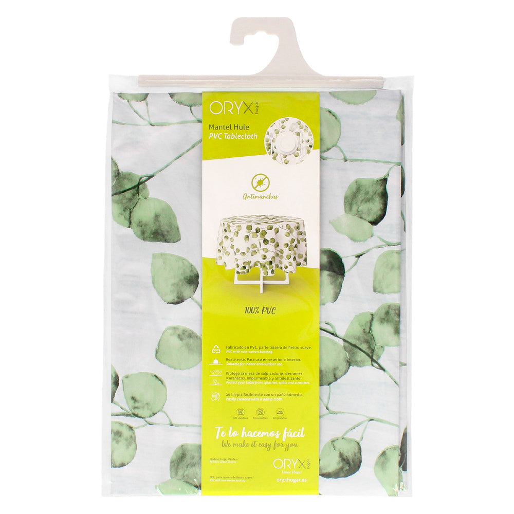 Round green leaves oilcloth tablecloth, waterproof, stain-resistant PVC, ø140 cm, indoor and outdoor use