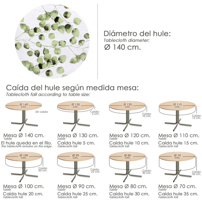 Mantel hule redondo hojas verdes impermeable antimanchas PVC ø140 cm. uso interior y exterior