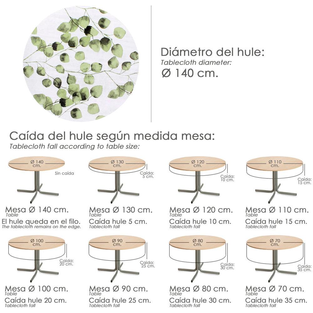 Round green leaves oilcloth tablecloth, waterproof, stain-resistant PVC, ø140 cm, indoor and outdoor use