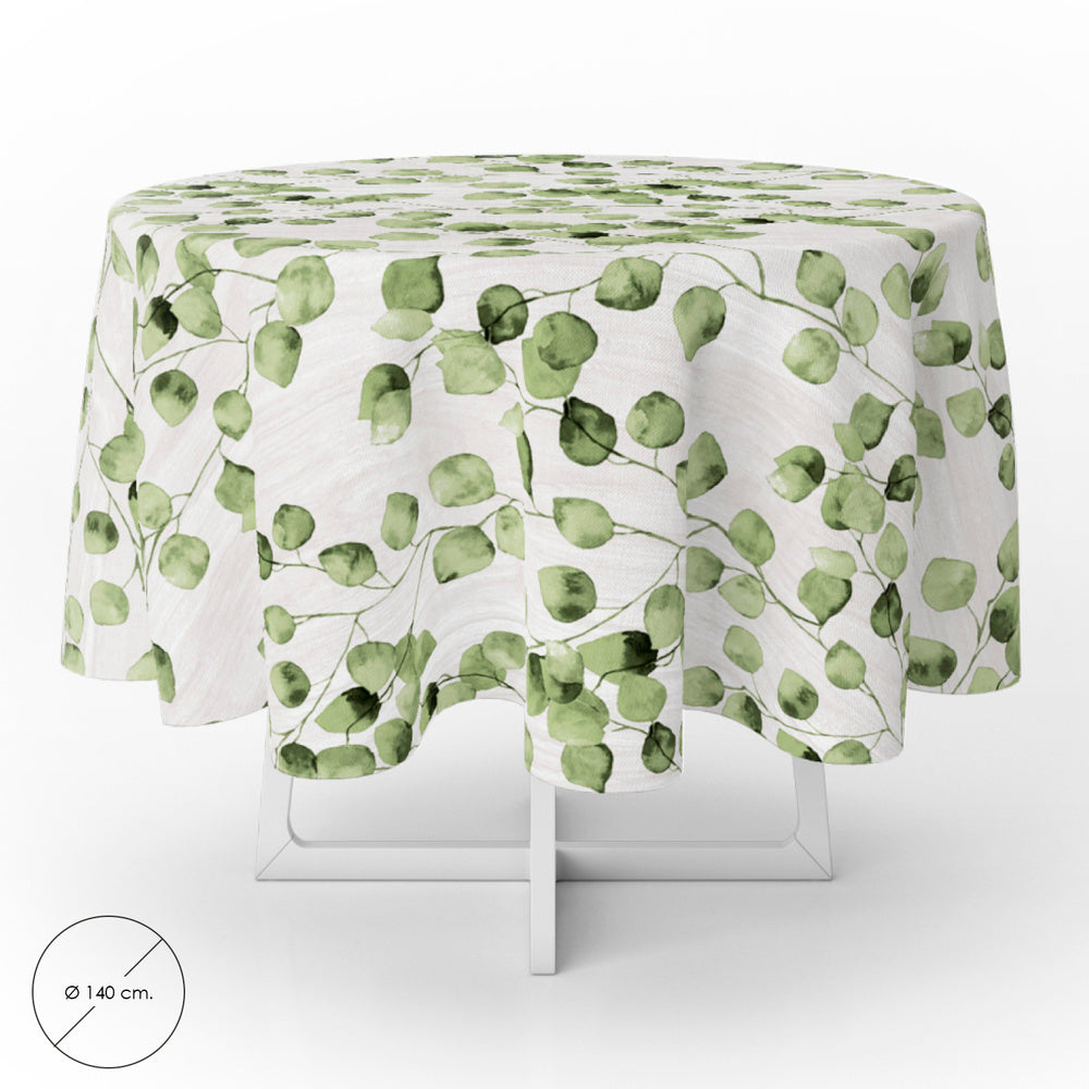 Round green leaves oilcloth tablecloth, waterproof, stain-resistant PVC, ø140 cm, indoor and outdoor use