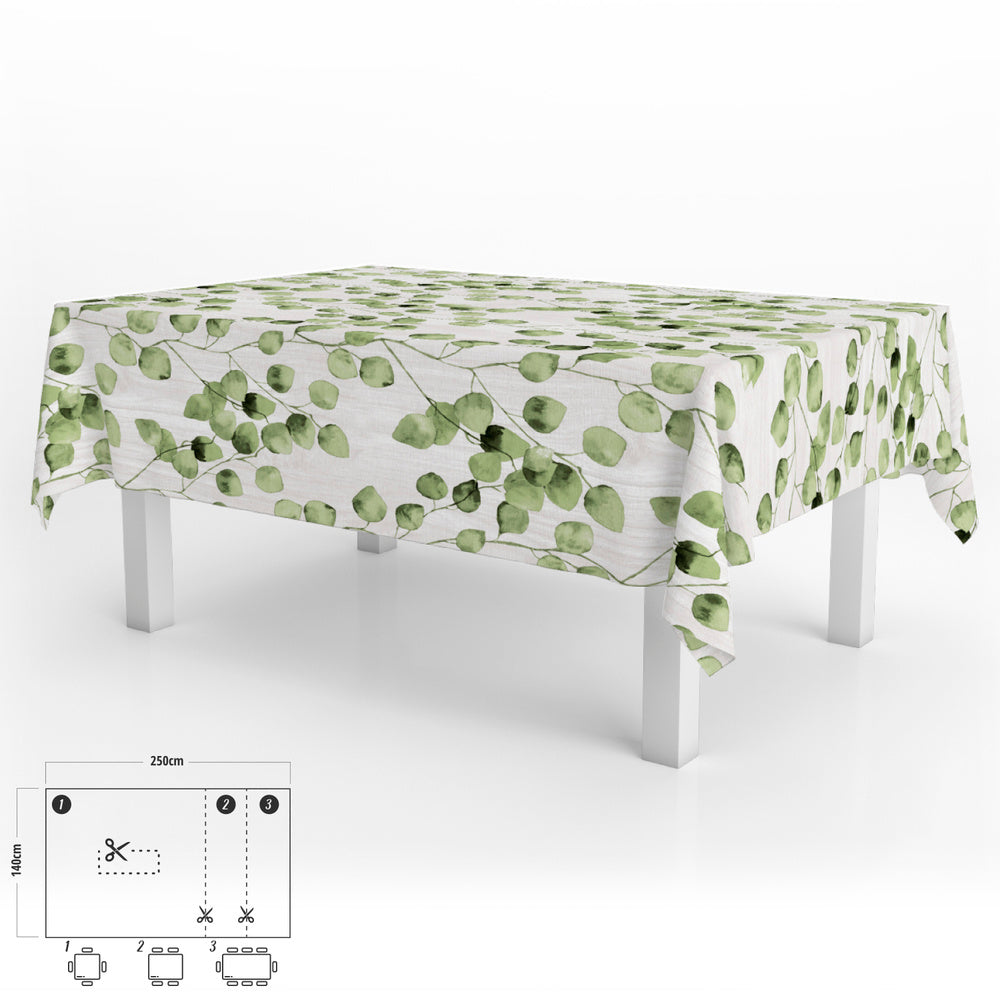 Rectangular oilcloth tablecloth, green leaves, waterproof, stain-resistant PVC, 140x250 cm, trimmable, indoor and outdoor use