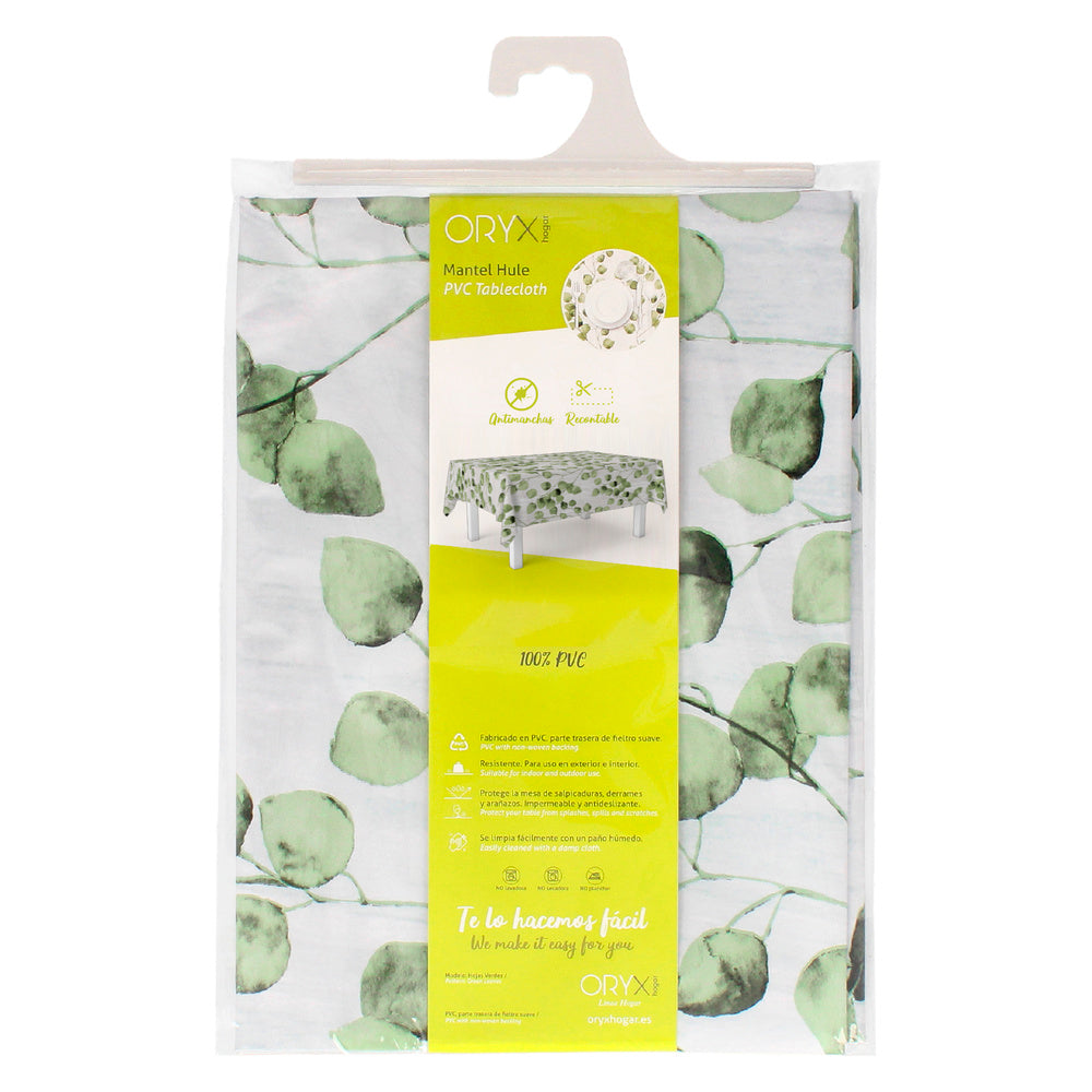 Rectangular oilcloth tablecloth, green leaves, waterproof, stain-resistant PVC, 140x250 cm, trimmable, indoor and outdoor use