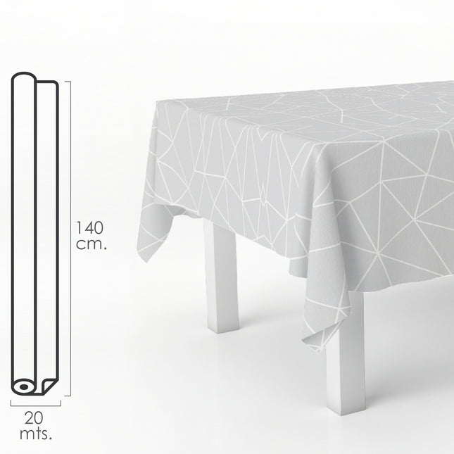 Mantel hule rectangular geometrico gris. impermeable antimanchas PVC 140 cm. x 20 metros. rollo recortable. interior y exterior