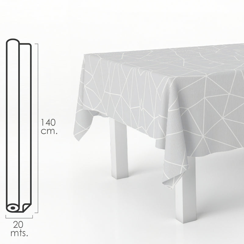 Mantel hule rectangular geometrico gris. impermeable antimanchas PVC 140 cm. x 20 metros. rollo recortable. interior y exterior