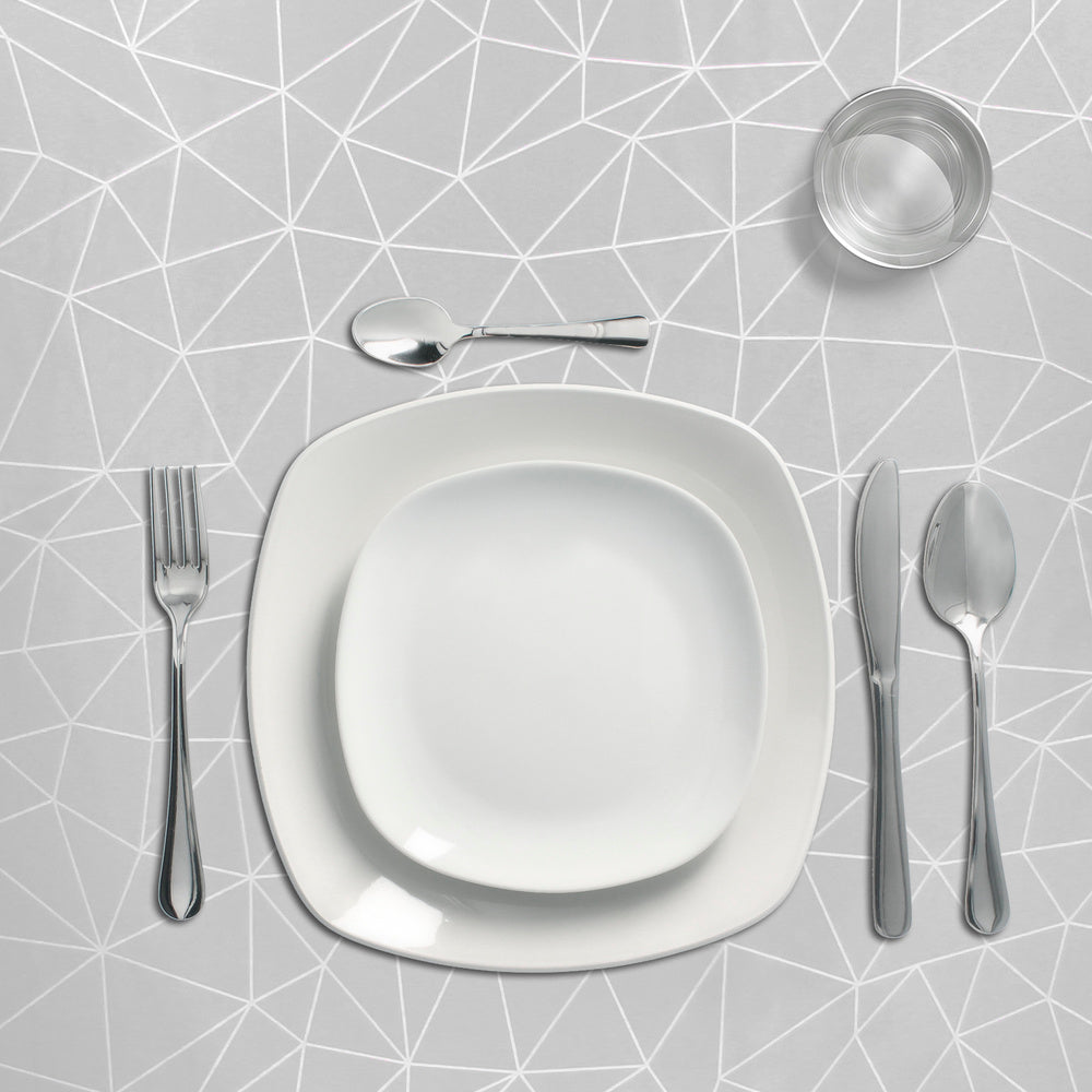 Rectangular geometric grey oilcloth tablecloth. Waterproof stain-resistant PVC 140 cm x 20 meters. Cuttable roll. Indoor and outdoor use.