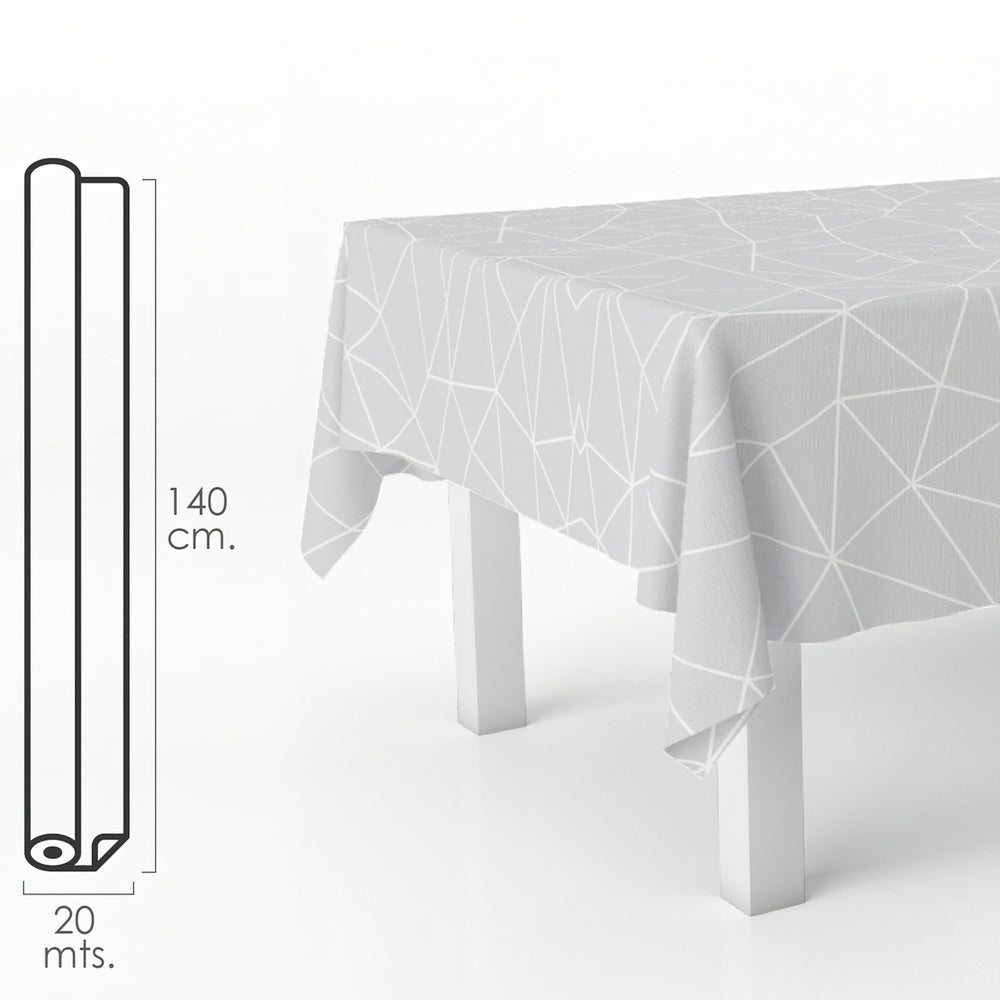 Rectangular geometric grey oilcloth tablecloth. Waterproof stain-resistant PVC 140 cm x 20 meters. Cuttable roll. Indoor and outdoor use.