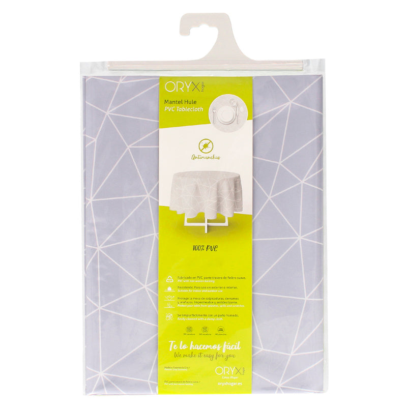 Mantel hule geometrico gris impermeable antimanchas PVC ø 140 cm. uso interior y exterior
