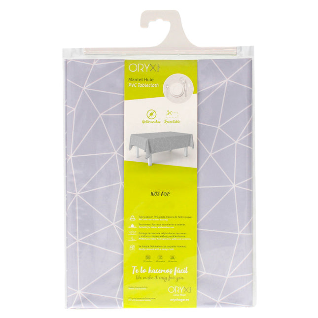 Mantel hule rectangular geométrico gris impermeable antimanchas PVC 140x250 cm.  recortable uso interior y exterior