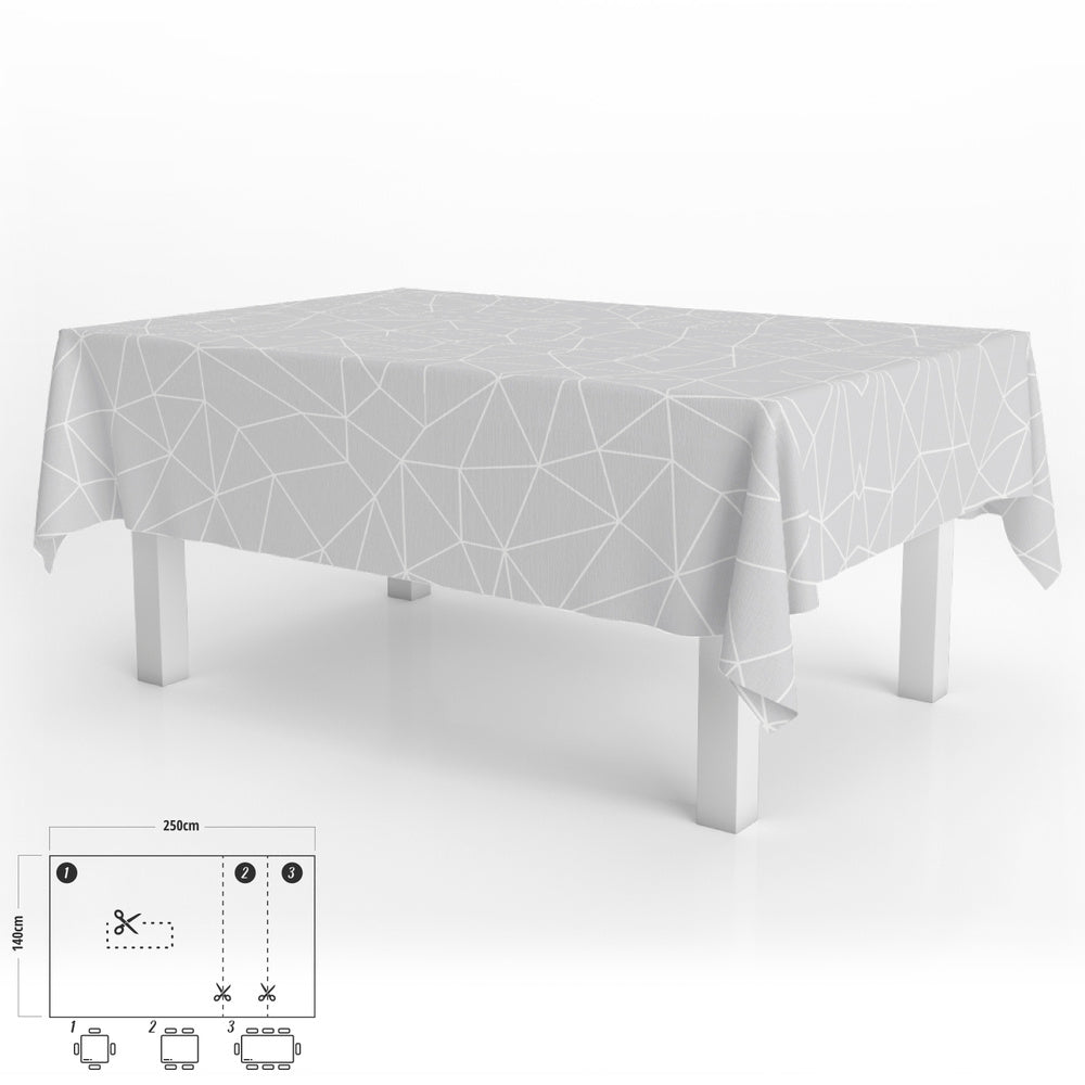 Rectangular gray geometric oilcloth tablecloth, waterproof, stain-resistant PVC, 140x250 cm, trimmable for indoor and outdoor use